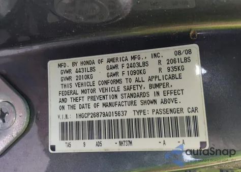 2009 Honda Accord 2.4 Ex-L z USA, uszkodzony, nr VIN 1HGCP26879A015637